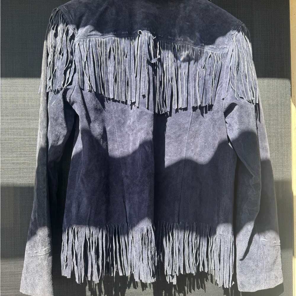 Fringed Suede Leather Jacket - Navy Blue